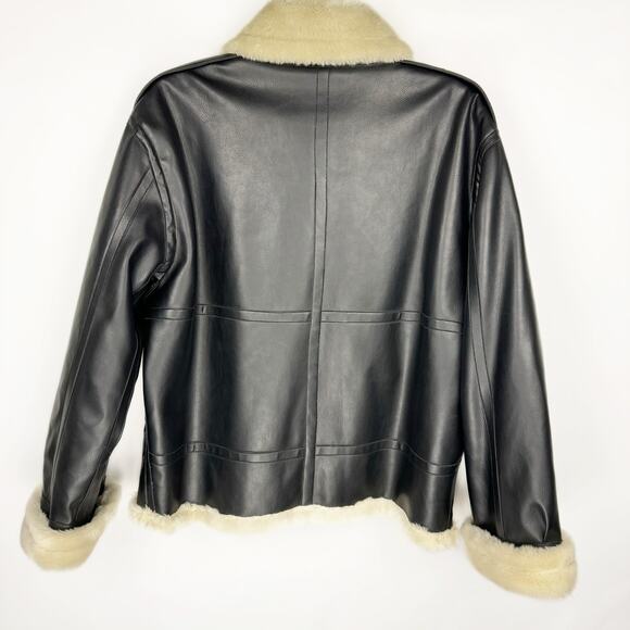 Miletta Black Cream Vegan Faux Leather Fur Trim Lined Zip Bomber Jacket Sz XL - Picture 2 of 15